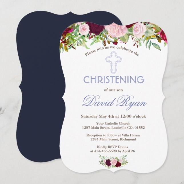 Rustic Navy Blue Marsala Floral Christening Invitation (Front/Back)
