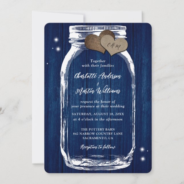 Rustic Navy Blue Mason Jar Wood Wedding Invitation (Front)