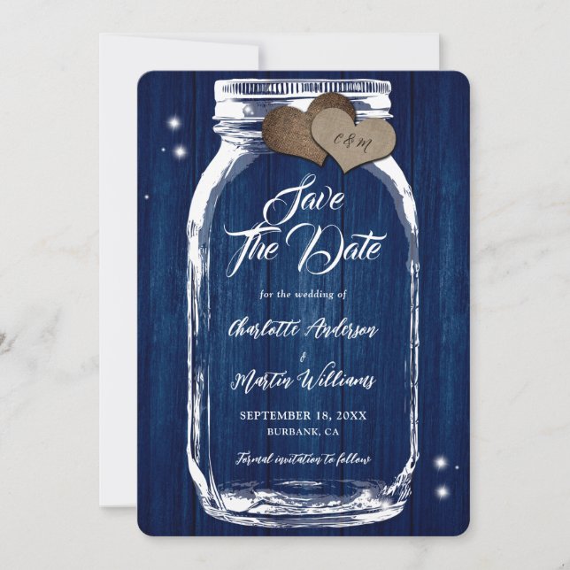 Rustic Navy Blue Mason Jar Wood Wedding Save The Date (Front)