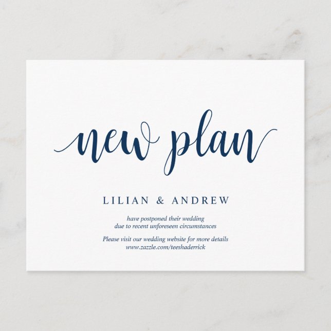 Rustic Navy Blue, new plans, wed postponed Postcard (Front)