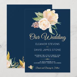 Rustic navy blue peach peonies bouquet wedding invitation