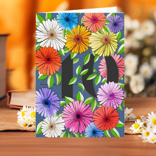 Rustic Navy Blue Personalised 40th Birthday Floral Card (Creator Uploaded)