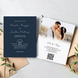 Rustic Navy Blue Photo Budget Wedding QR Code Rsvp