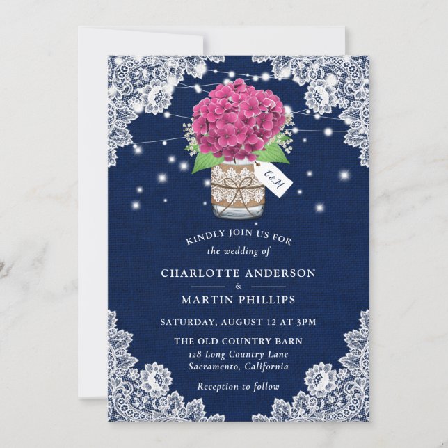Rustic Navy Blue Pink Hydrangea Wedding Invitation (Front)