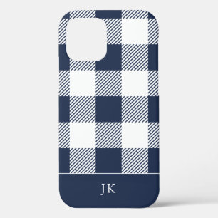 Rustic Navy Blue Plaid Pattern Monogram iPhone 12 Case