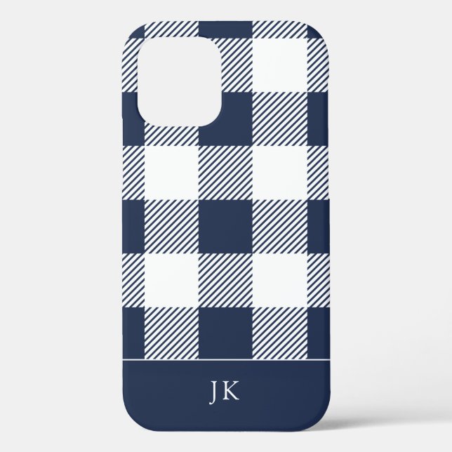 Rustic Navy Blue Plaid Pattern Monogram Case-Mate iPhone Case (Back)