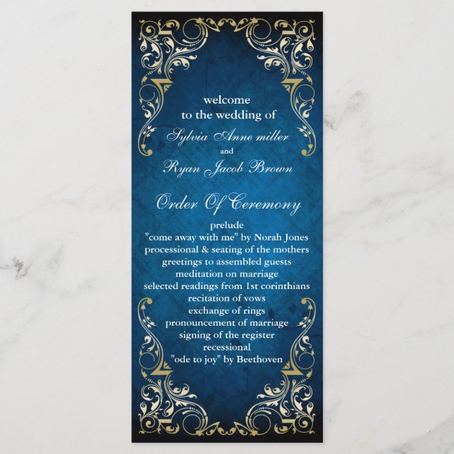 rustic "navy blue" regal  wedding program programme (Front)
