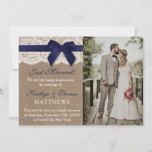 Rustic Navy Blue Ribbon Wedding Photo Marriage Announcement