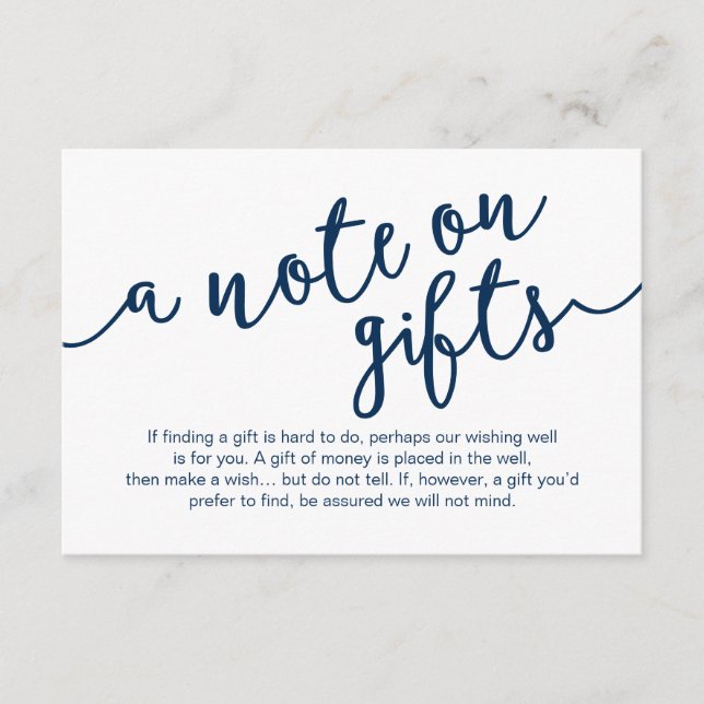 Rustic Navy Blue Script, A note on gifts Enclosure Card (Front)