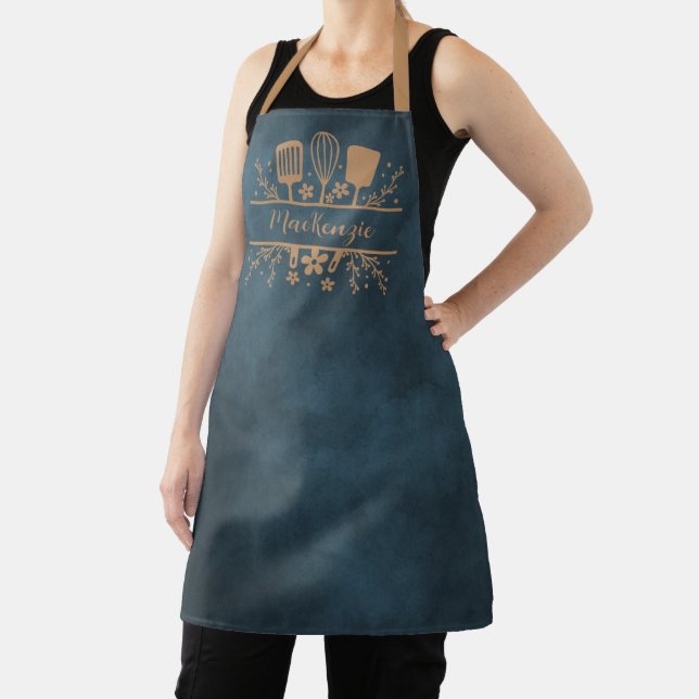 Rustic Navy Blue Smock with Spatulas and Whisk Apron (Insitu)