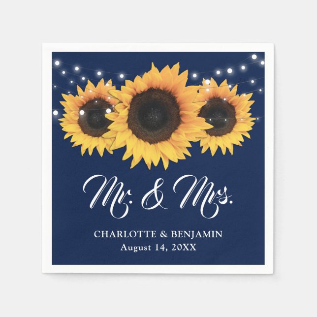 Rustic Navy Blue String Lights Sunflower Wedding Napkin (Front)