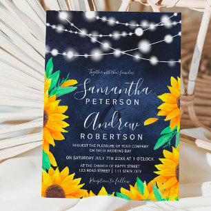 Rustic navy blue string lights sunflowers wedding invitation