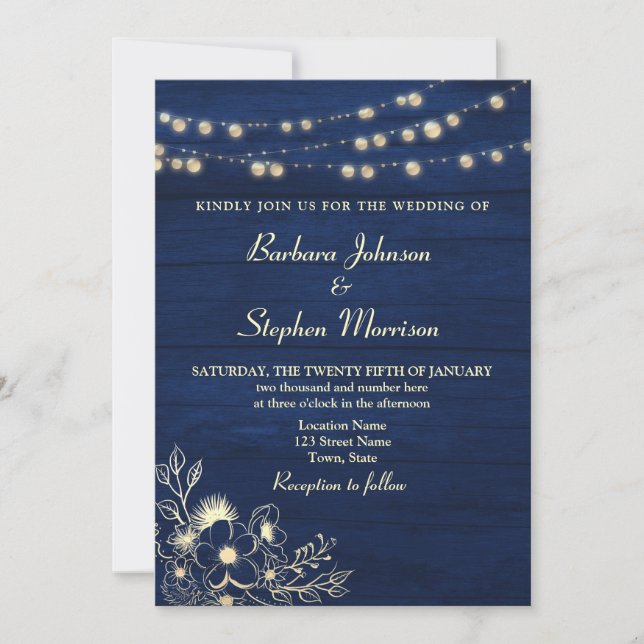Rustic Navy Blue String Lights Wedding Invitation (Front)