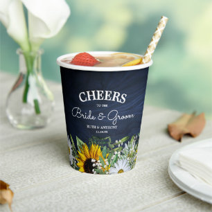 Rustic Navy Blue Sunflower Daisy Paper Cups