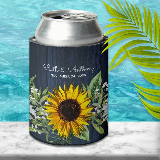 Rustic Navy Blue Sunflower|Daisy Wedding Favour Can Cooler (Creator Uploaded)