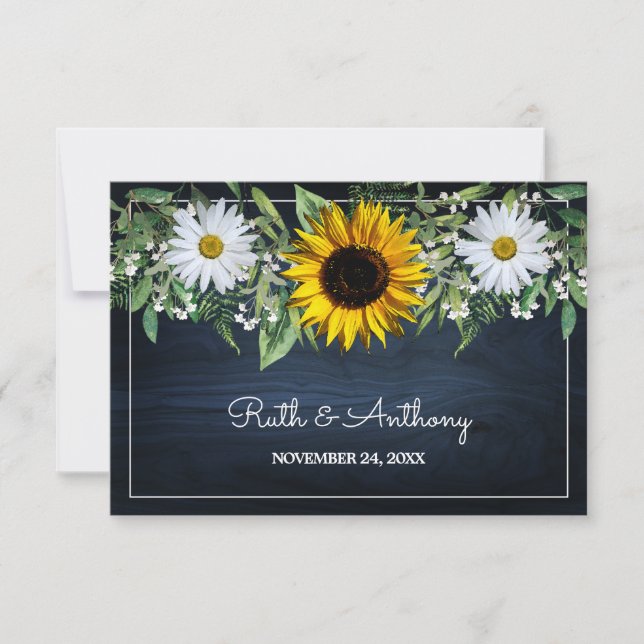 Rustic Navy Blue Sunflower|Daisy Wedding Favour Thank You Card (Front)
