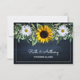 Rustic Navy Blue Sunflower Daisy Wedding Favour Thank You Card