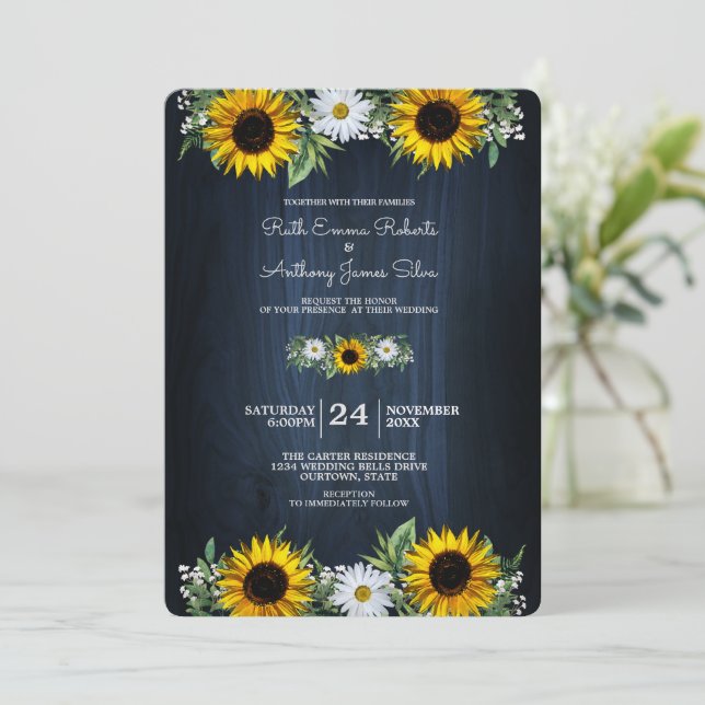 Rustic Navy Blue Sunflower|Daisy Wedding Invitation (Standing Front)