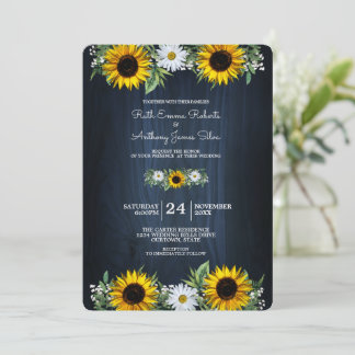 Rustic Navy Blue Sunflower|Daisy Wedding Invitation