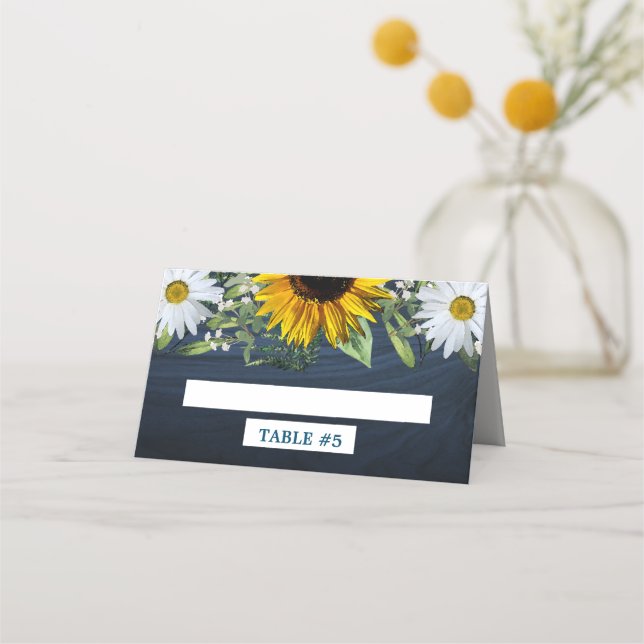 Rustic Navy Blue Sunflower|Daisy Wedding Place Card (Front)
