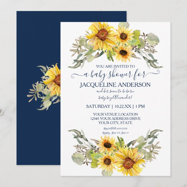 Rustic Navy Blue Sunflower Floral Boy Baby Shower Invitation (Front/Back)