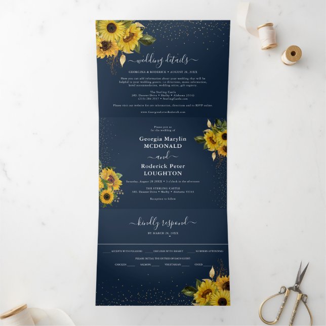 Rustic Navy Blue Sunflower Floral Wedding Tri-Fold Invitation (Inside)