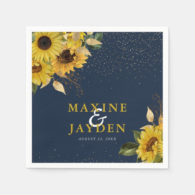 Rustic Navy Blue Sunflower & Gold Confetti Wedding Napkin (Front)