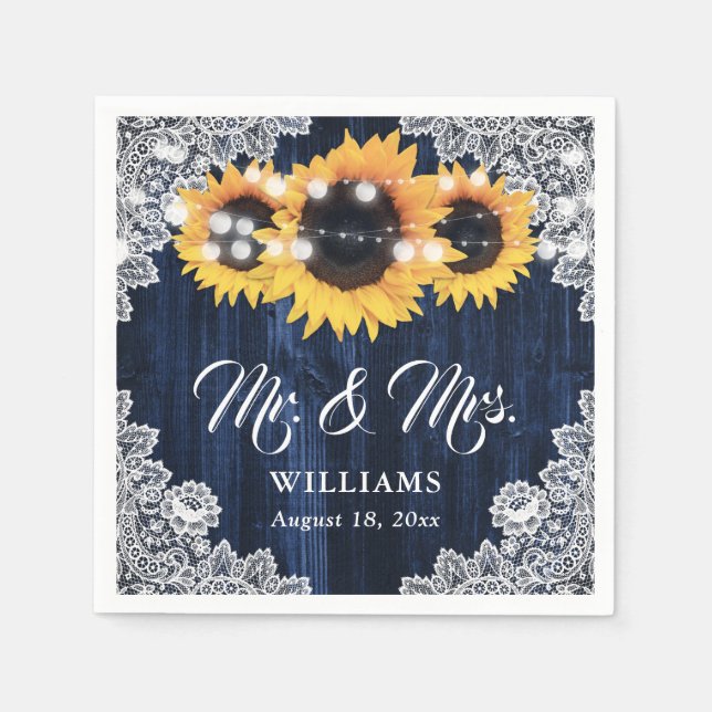 Rustic Navy Blue Sunflower Lace Mr and Mrs Wedding Napkin (Front)