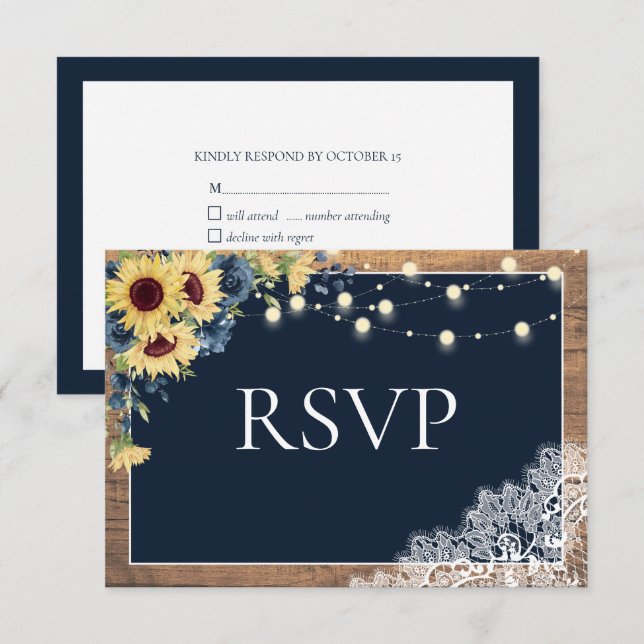 Rustic Navy Blue Sunflower Lace Wood Wedding RSVP Card (Front/Back)