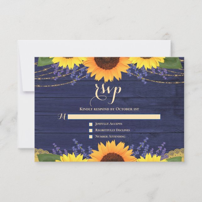Rustic Navy Blue Sunflower Lavender Wedding RSVP (Front)