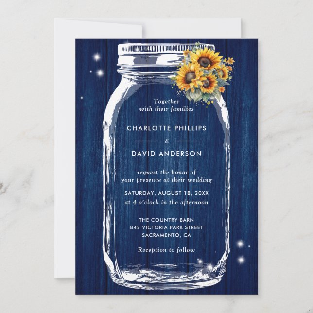 Rustic Navy Blue Sunflower Mason Jar Wedding Invitation (Front)