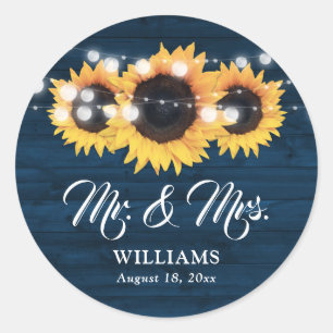 Rustic Navy Blue Sunflower Mr and Mrs Wedding Classic Round Sticker