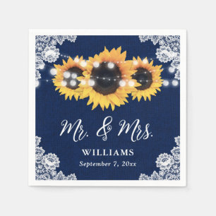 Rustic Navy Blue Sunflower Mr and Mrs Wedding Napkin
