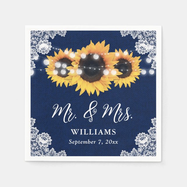 Rustic Navy Blue Sunflower Mr and Mrs Wedding Napkin (Front)