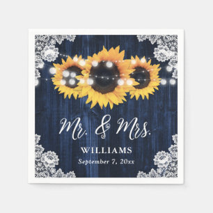 Rustic Navy Blue Sunflower Mr and Mrs Wedding Napkin