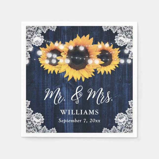 Rustic Navy Blue Sunflower Mr and Mrs Wedding Napkin (Front)