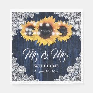 Rustic Navy Blue Sunflower Mr and Mrs Wedding Napkin