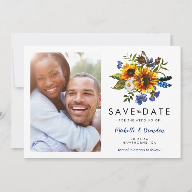 Rustic Navy Blue Sunflower Save the Date Photo (Front)
