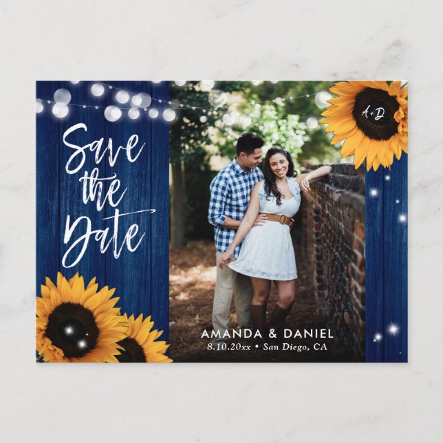 Rustic Navy Blue Sunflower Save The Date Postcard (Front)