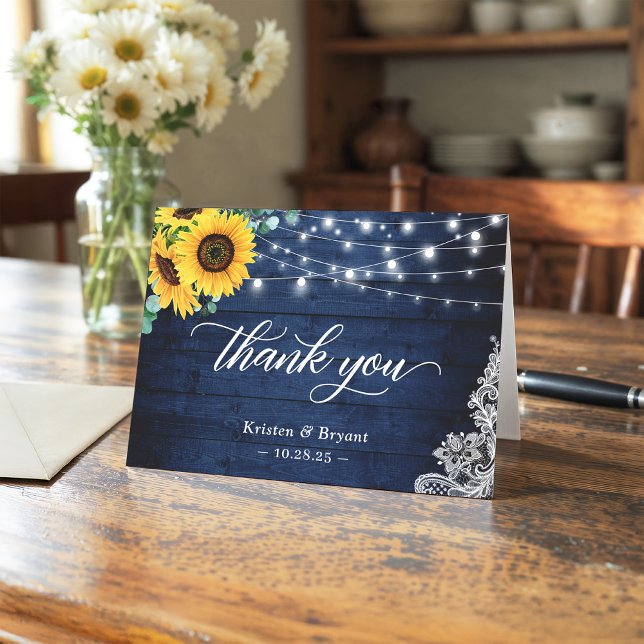 Rustic Navy Blue Sunflower String Lights Lace Thank You Card (Creator Uploaded)