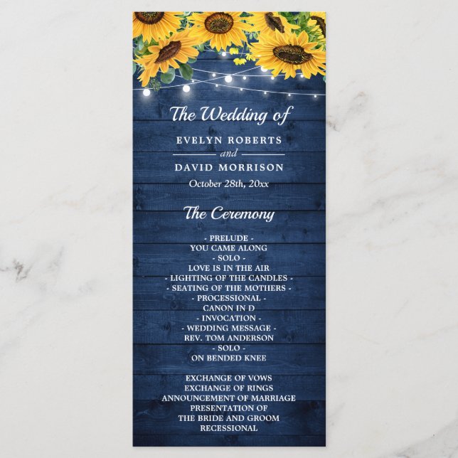 Rustic Navy Blue Sunflower String Lights Wedding Programme (Front)