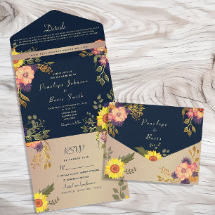 Rustic Navy Blue Sunflower Wedding All In One Invitation