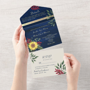 Rustic Navy Blue Sunflower Wedding All In One Invitation