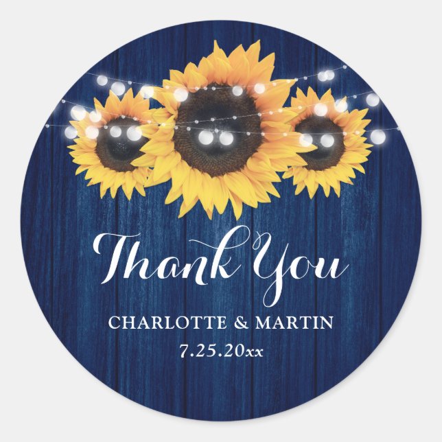 Rustic Navy Blue Sunflower Wedding Favor Classic Round Sticker (Front)
