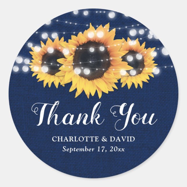 Rustic Navy Blue Sunflower Wedding Favour Classic Round Sticker (Front)