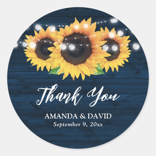 Rustic Navy Blue Sunflower Wedding Favour Stickers (Front)