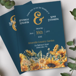 Rustic Navy Blue Sunflower Wedding Invitation