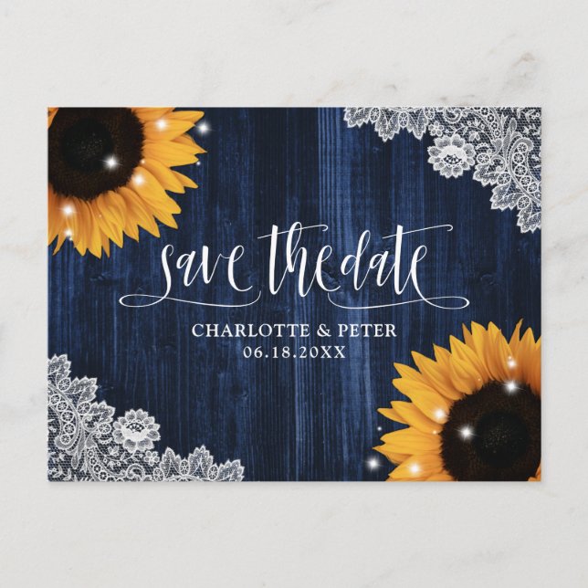 Rustic Navy Blue Sunflower Wedding Save The Date Postcard (Front)