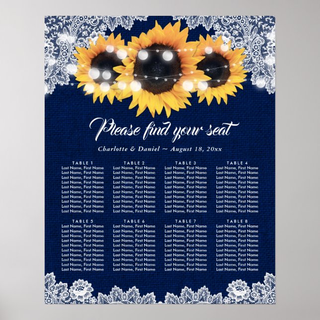 Rustic Navy Blue Sunflower Wedding Seating Chart 8 (Front)