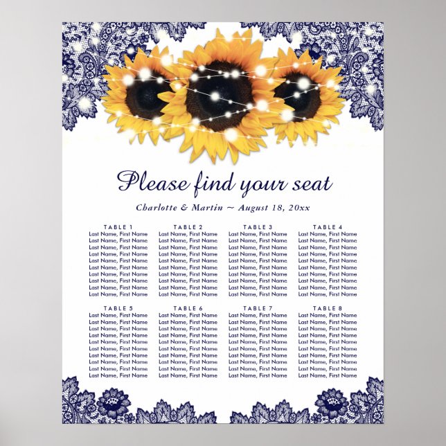 Rustic Navy Blue Sunflower Wedding Seating Chart 8 (Front)